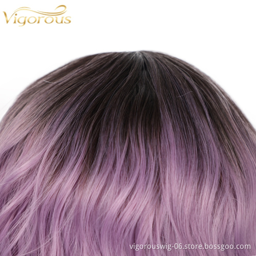 Vigorous Hot Selling High Quality Ombre Black Purple Cheap High Temperature Lace Frontal Short Bob Synthetic Wigs